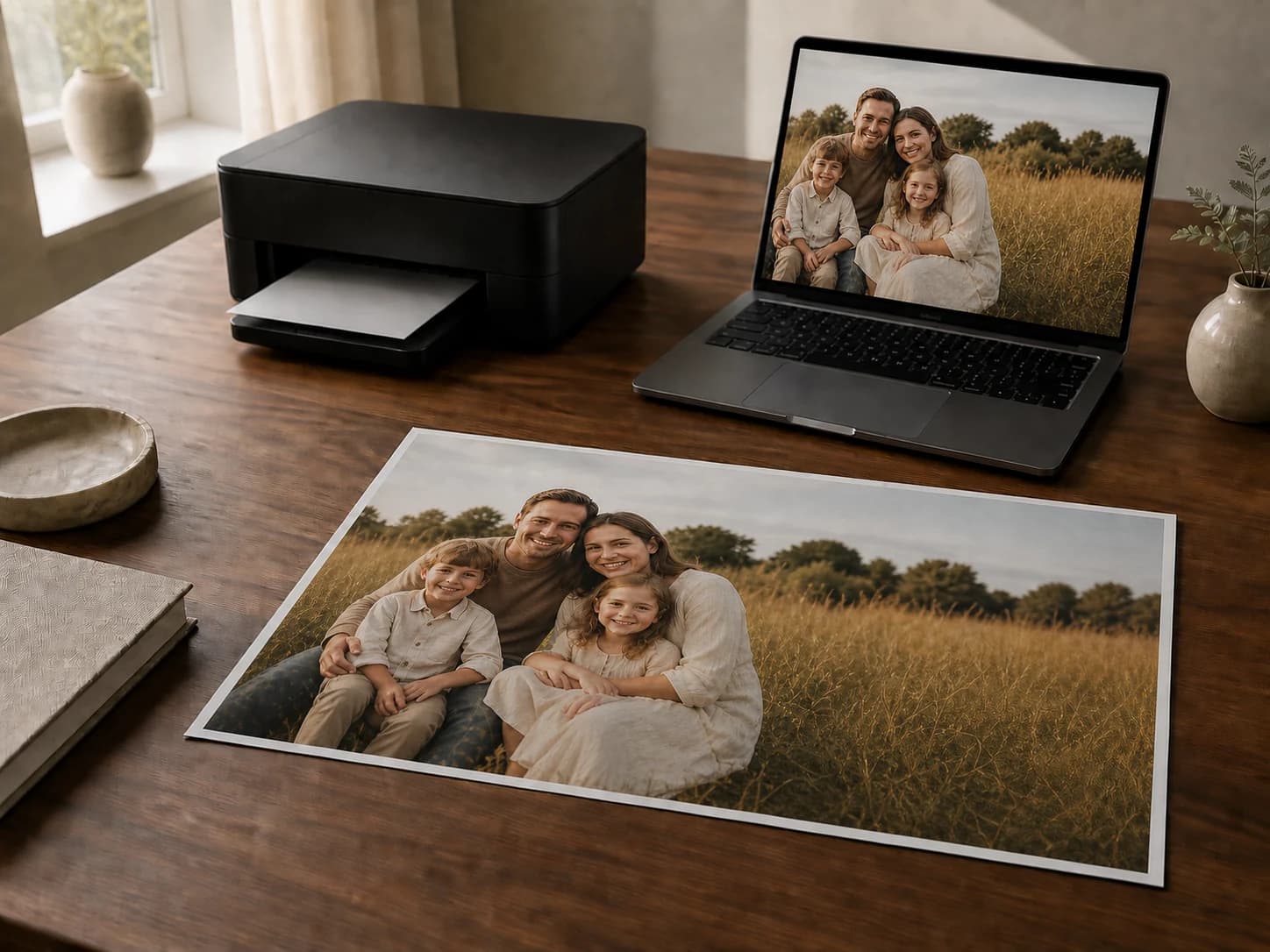 A high-resolution, print-ready photograph carrying its Emlivo mark, plus the card and short code as a backup. Print it at home or anywhere you like.